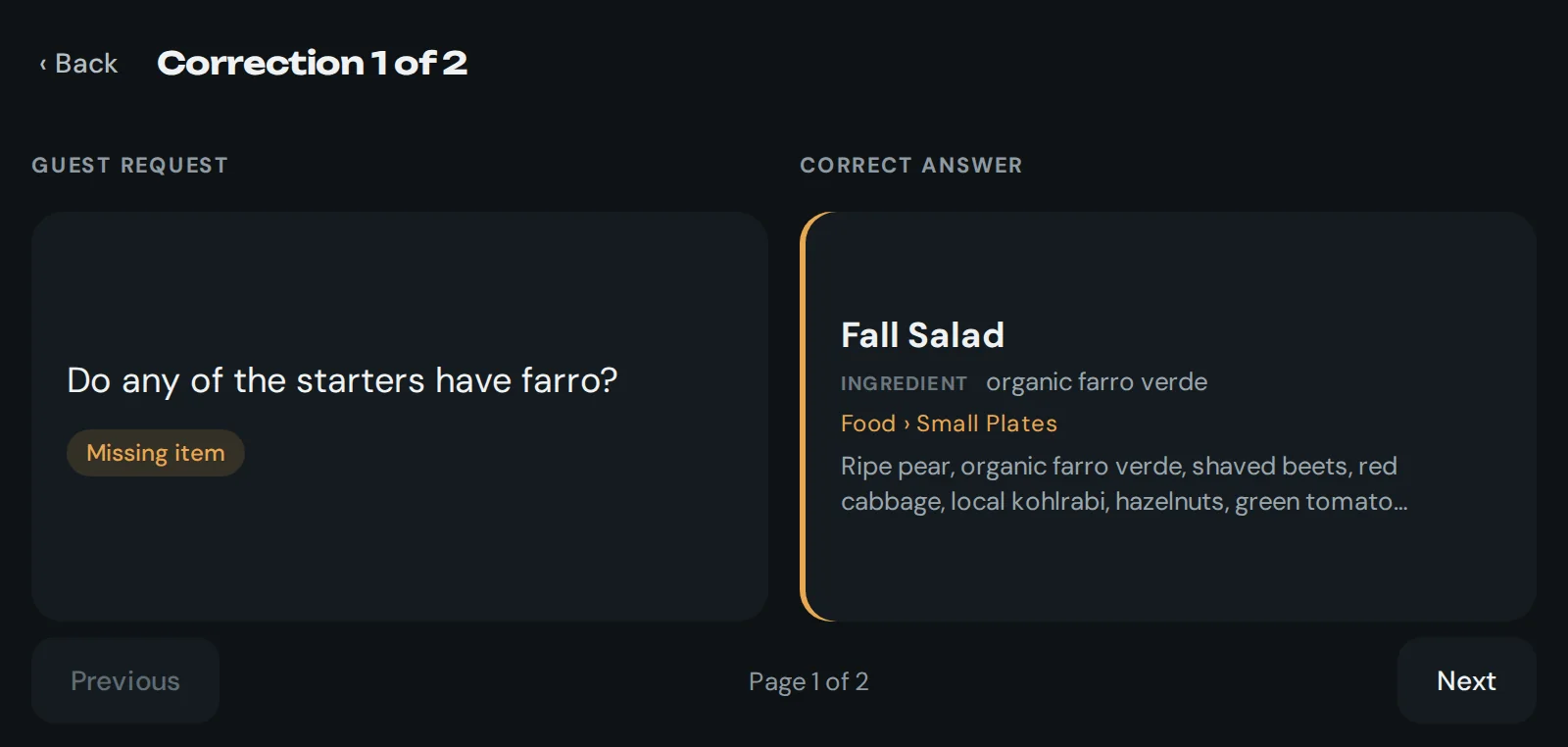 A correction showing the right answer for a missed request