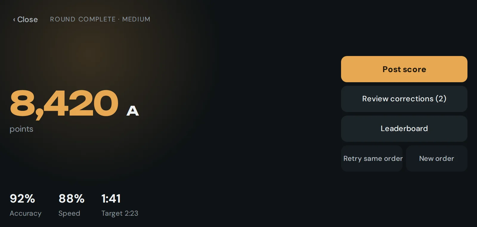 The results screen with a large score, accuracy and speed